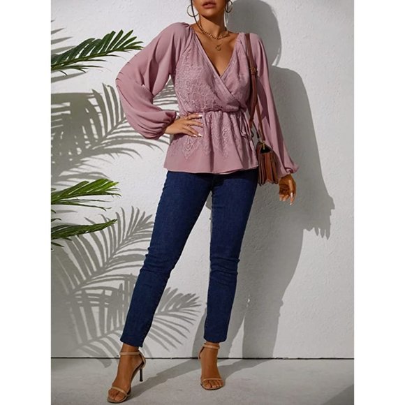 Pink Lace Chiffon V-Neck Wrap Peplum Long Bishop Sleeve Dressy Top Blouse - Picture 3 of 7